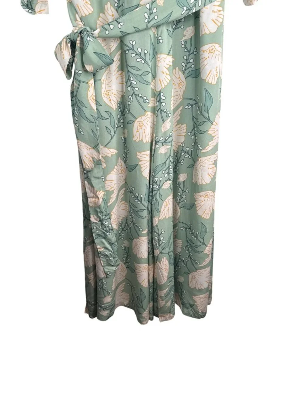 Modcloth X Collectif Size 10 Sage Green Floral Wrap Wide Leg Jumpsuit With Belt - Picture 7 of 10